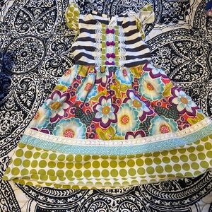 Girls Mixed-Print Floral & Stripe Casual Dress in Green and Purple